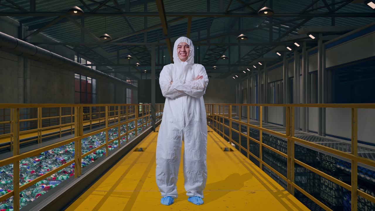 Hele kroppen av asiatisk mannlig forsker med armene i kors og smiler. Han inspiserer driften av et plastgjenvinningsanlegg med et transportbånd av flasker.
