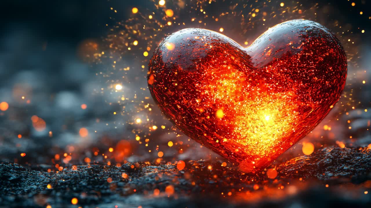 A heart with a fire inside of it. The fire is glowing and the heart is surrounded by a lot of sparks