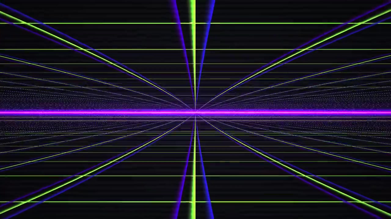 Tunnel Digitale a Griglia in Stile Retro Synthwave con Effetti di Luce al Neon