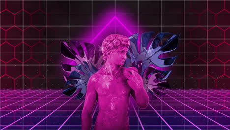 animación de una estatua masculina en hojas con patrón de cuadrícula contra un fondo abstracto