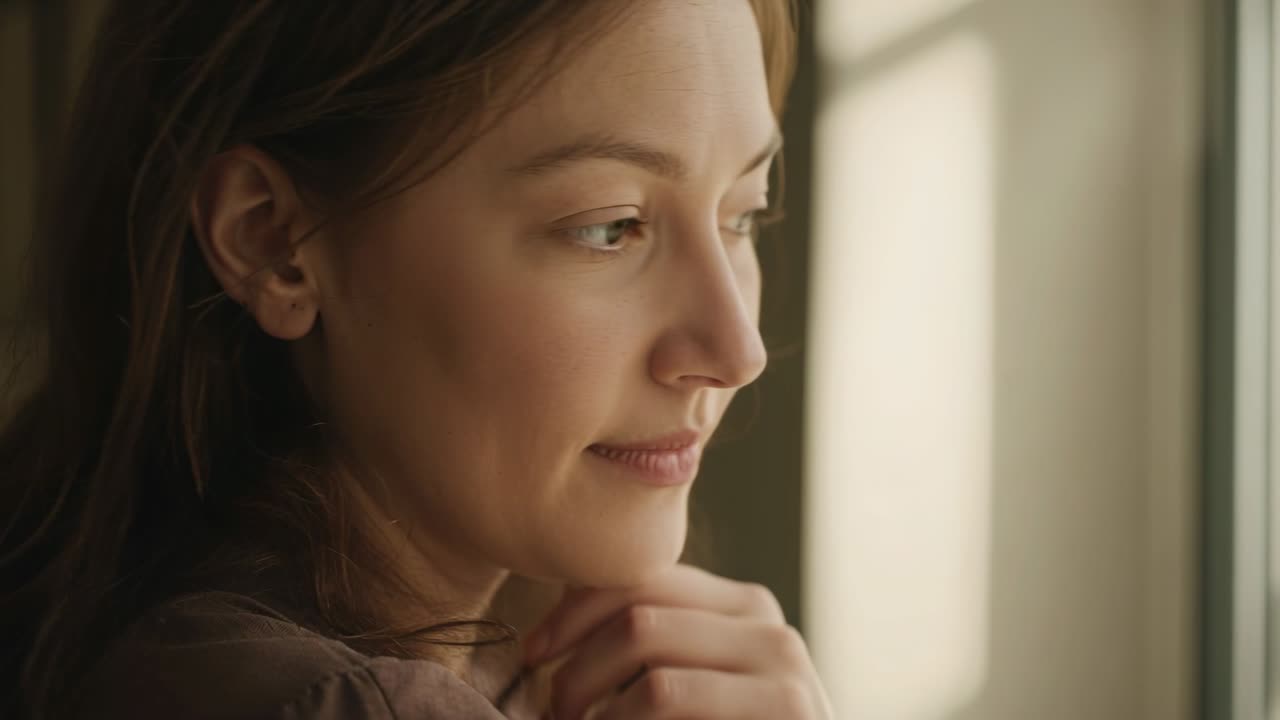Woman on cue, turning to profile and tucking hair, with animated halo highlighting skin for ads