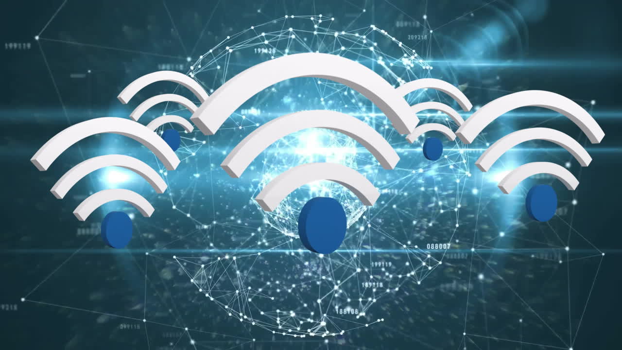 Animation of Wi-Fi symbols over digital network with glowing blue background