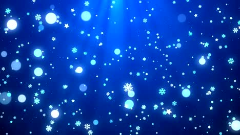 copos de nieve de navidad azules, estrellas y rayos de luces de fondo en bucle