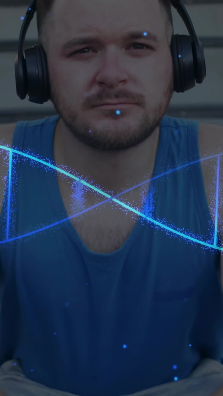 Video verticale: Uomo che armeggia con dei gradini, stringendo le mani, poi alzando la testa e concentrandosi con tecnologia a elica blu.