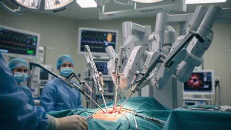 robotic surgical procedure in progress: advanced technology assisting surgeons in a modern operating room environment to enhance precision and patient care