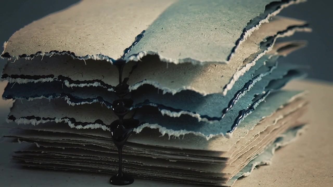 Dripping off-frame, viscous black liquid beading and running down torn paper stack on table pooling