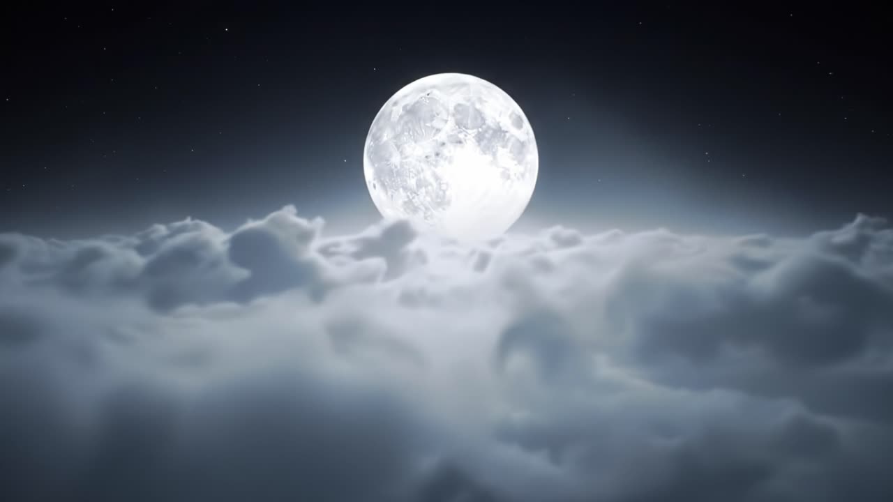 A stunning full moon illuminates the night sky, casting a soft glow over fluffy clouds. The serene landscape evokes a sense of tranquility and wonder, inviting viewers to admire nature's beauty.