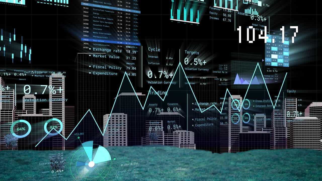 Animation of financial data processing over cityscape