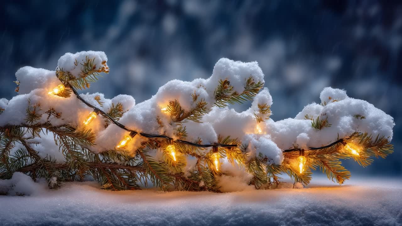 Charming Winter Scene Featuring Snow-Covered Pine Branches Adorned with Twinkling Holiday Lights Amidst a Serene Snowfall Landscape
