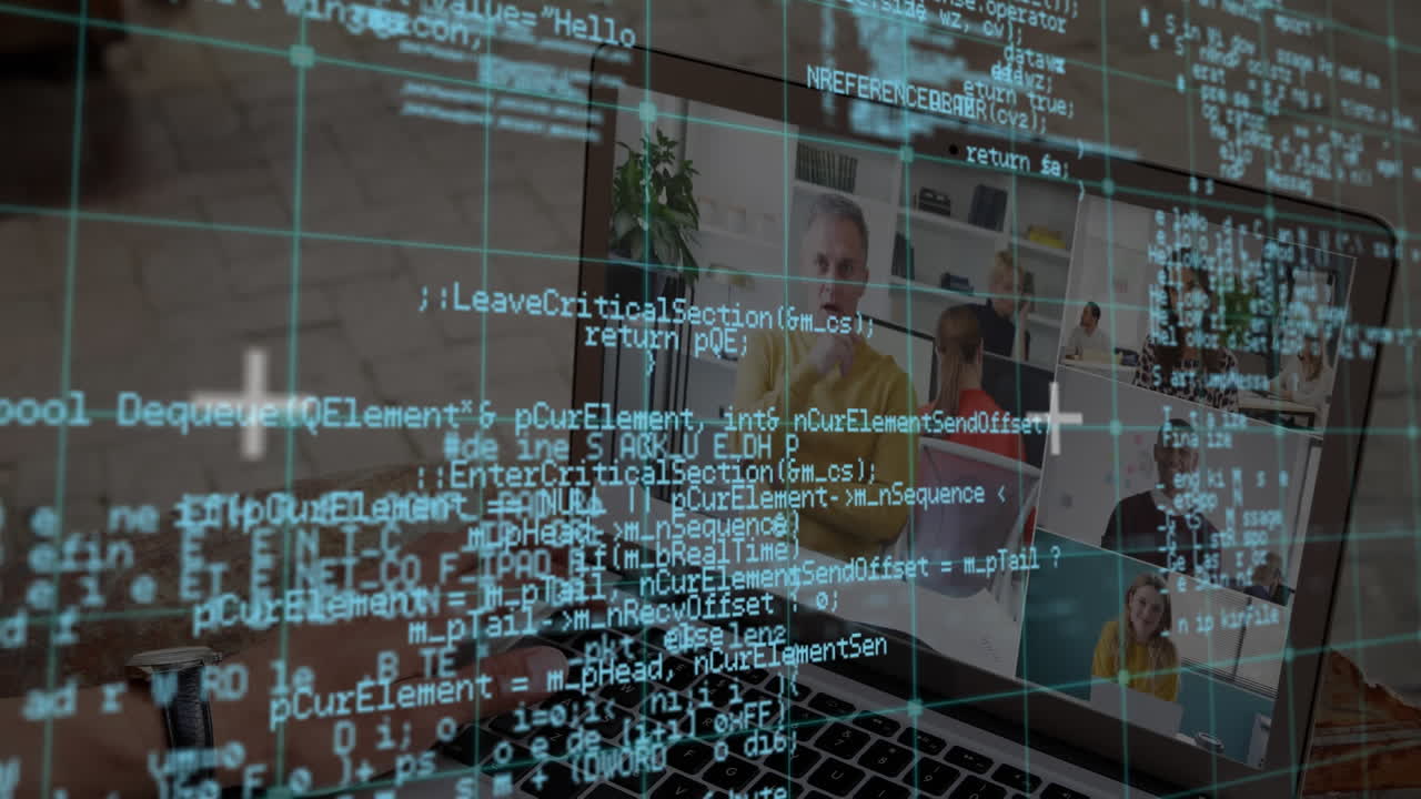 Animation of data processing over caucasian businessman having laptop video call with colleagues