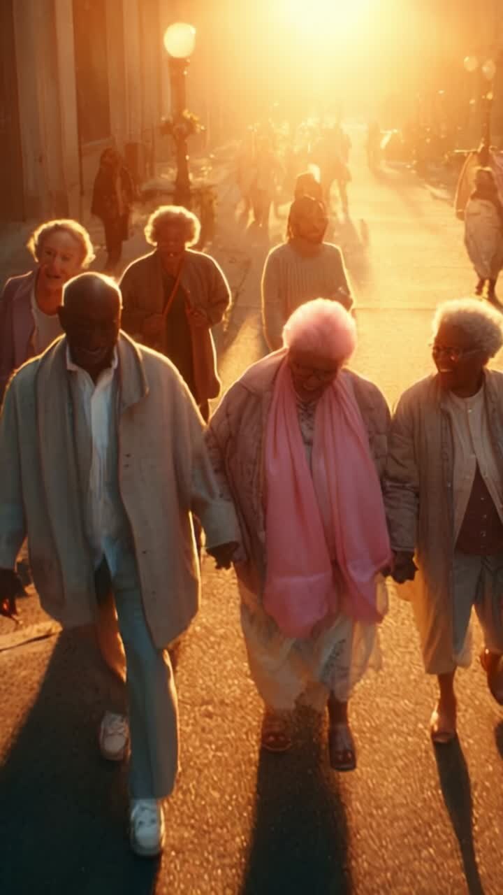 Joyful Moments: A Group of Elderly Friends Walking Together, Embracing Life Amidst a Beautiful Sunset, Bringing Warmth and Smiles to the Golden Hour