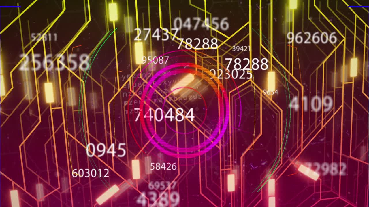 원 주위의 화살표의 애니메이션과 컴퓨터 언어에 대한 선 위에 숫자를 변경하는 애니메이션