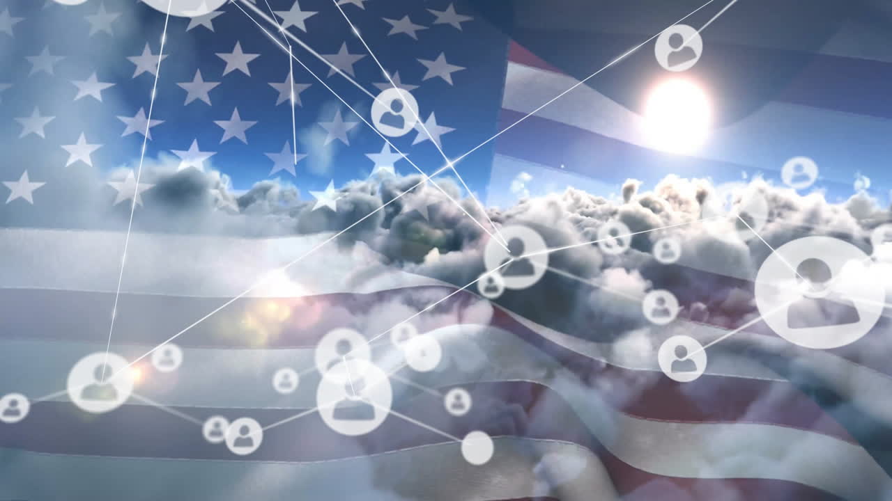 Network of connections and data processing animation over American flag and clouds