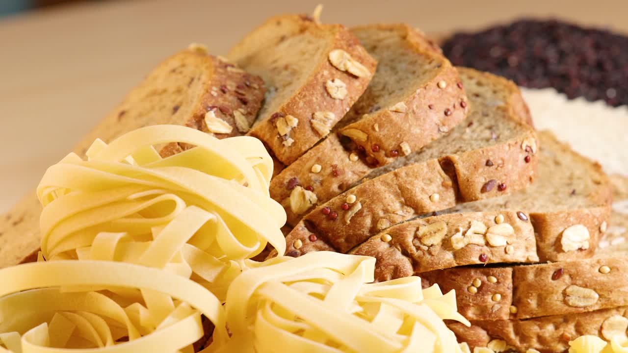 A variety of grains and sliced bread arranged on a wooden surface, captured in warm, natural lighting