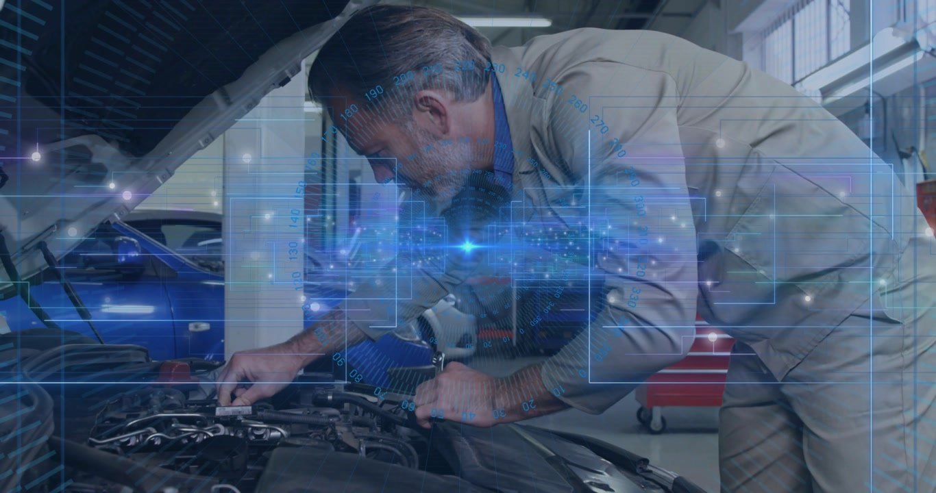 Senior mechanic inspecting engine after hood raised, gripping wrench while blue HUD guiding repair