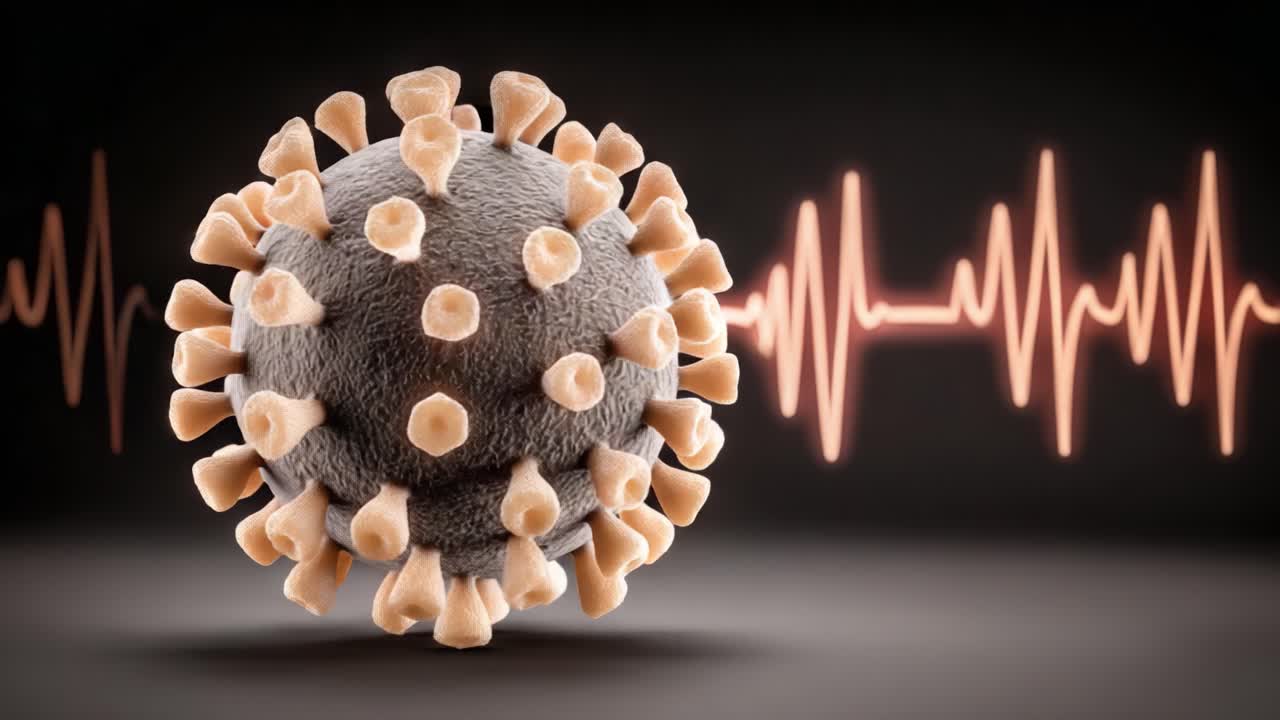 A Detailed Visualization of a Virus in 3D, Highlighting Its Structure Against a Background of Heartbeat Graphs, Representing Biological Impact and Health Conditions