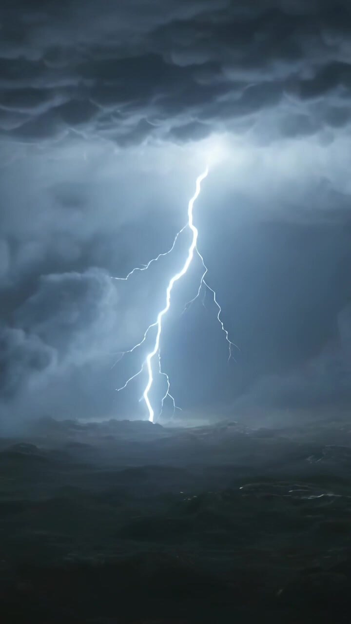 Video verticale: Fulmine che si forma da una carica temporalesca, illuminando la base bassa delle nuvole e l'orizzonte.