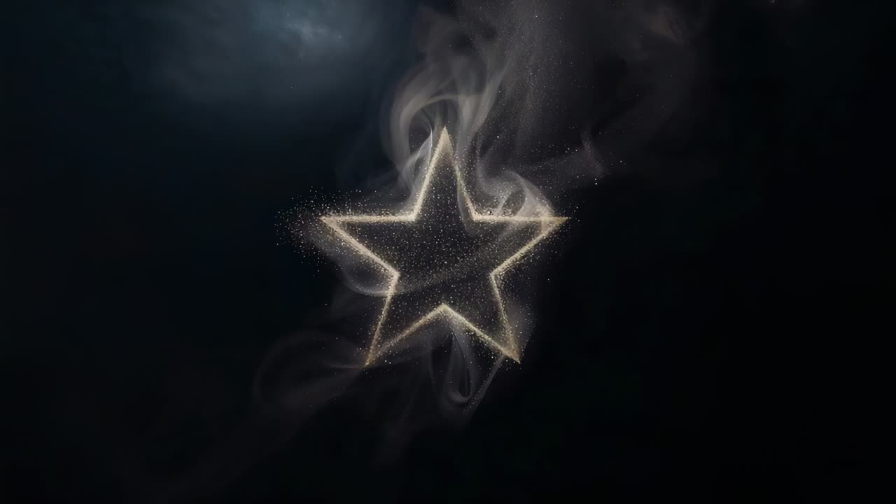 Appearing five-pointed star outline releasing gold particles and curling smoke in dark studio haze