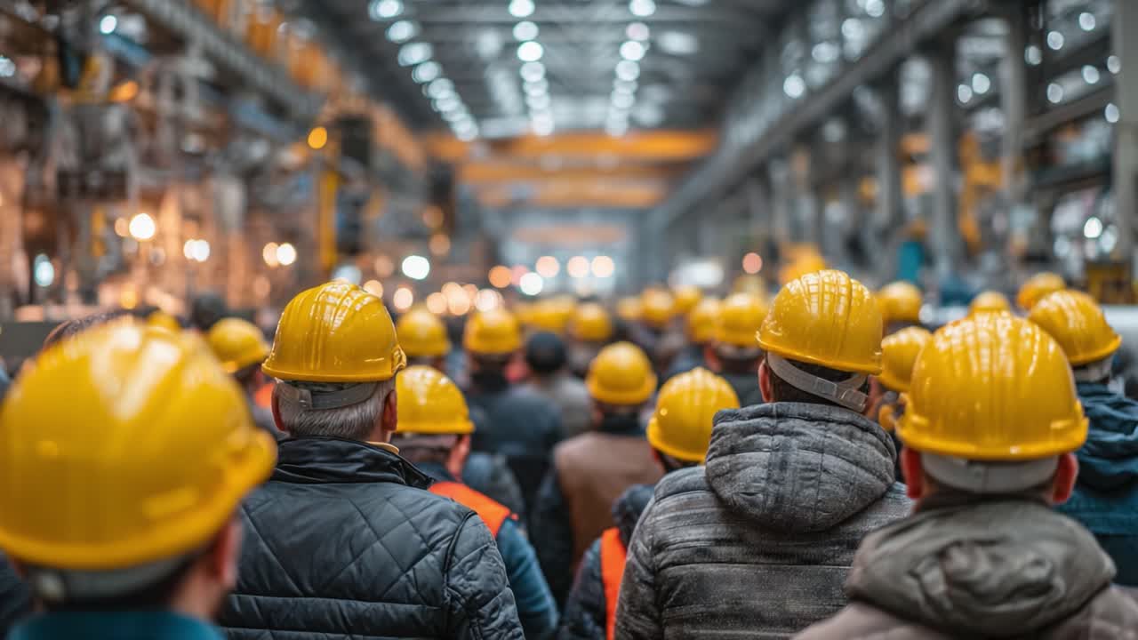 A Gathering of Workers in Safety Gear at a Manufacturing Facility Highlighting Team Spirit and Industrial Environment