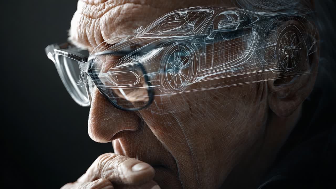 An Imaginative Blend of Technology and Artistry: An Elderly Man in Thought, Contemplating the Future of Automotive Design, With a Transparent Car Overlaying His Modern Glasses and Reflective Gaze