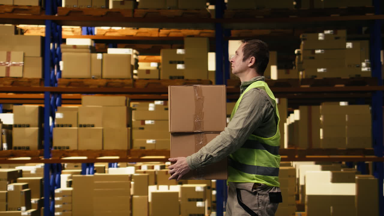 Operaio di magazzino che impila pallet di carico in un centro di distribuzione