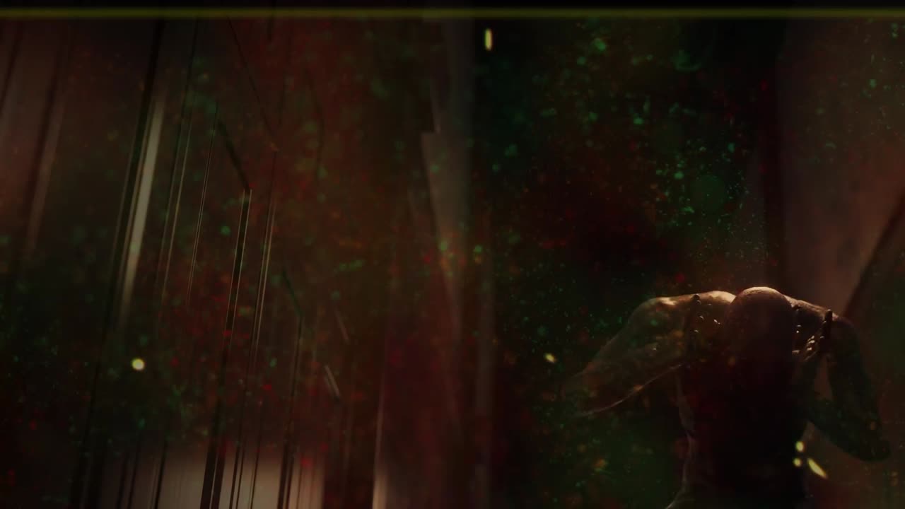 animación de suciedad y arañazos sobre una figura calva sin camisa sosteniendo la cabeza en dolor en un pasillo oscuro