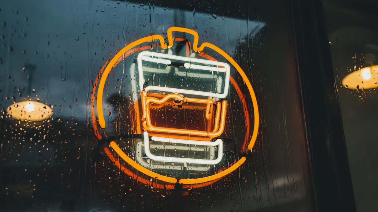 Neon liquor sign in a window on a rainy day
