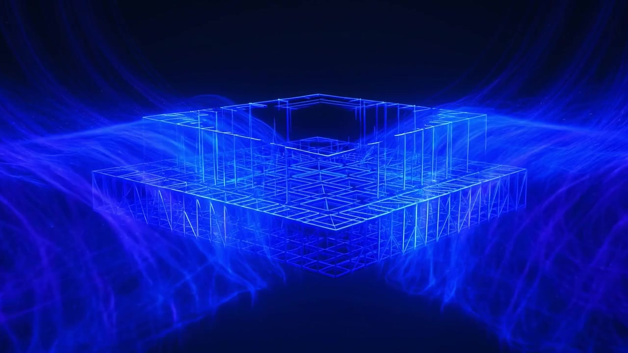 Futuristic Blue Digital Cube Grid Forming in Dark Space