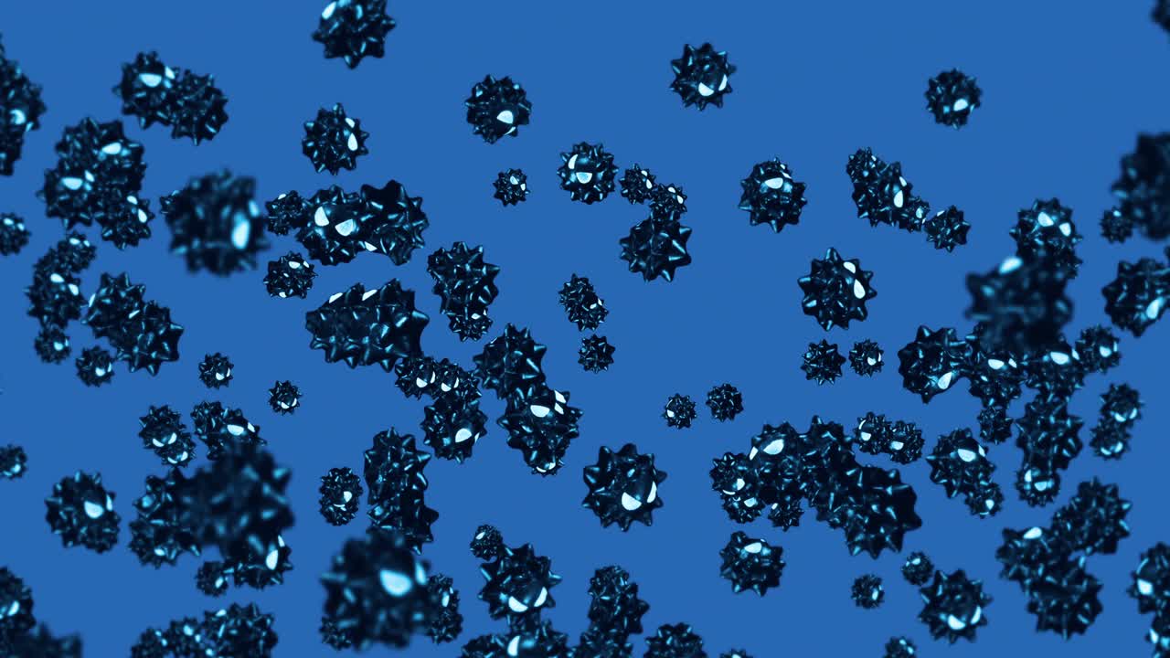 파란색 배경의 만화 캐릭터에서 많은 바이러스를 날아다니는. 의학 개념. 화를 내는 재미있는 검은 바이러스 마스코트. 3d 루프 애니메이션.