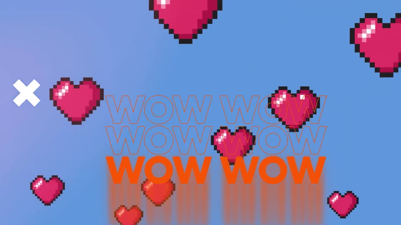 추상적인 모양과 와우 텍스트는 여러 개의 하트 아이콘이 파란색 배경에 떠 있습니다.