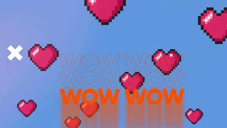 formas abstractas y texto wow contra múltiples iconos de corazones flotando en fondo azul