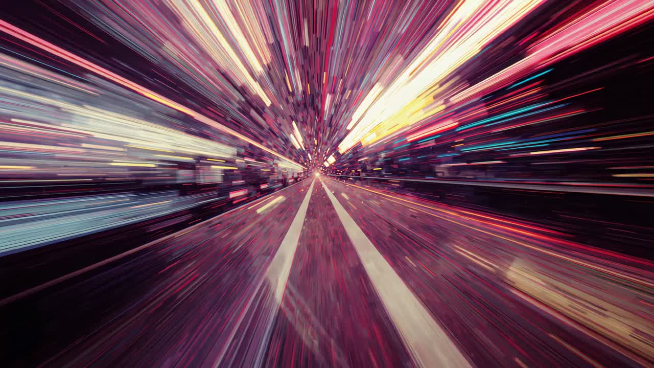 Moving camera after start, showing road centerline at night to vanishing point with neon streaks