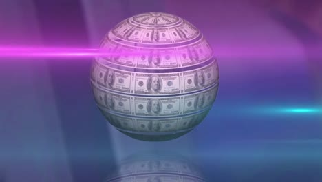 animación de un globo giratorio de billetes de dólar y haces de luz rosa y azul en un fondo borroso