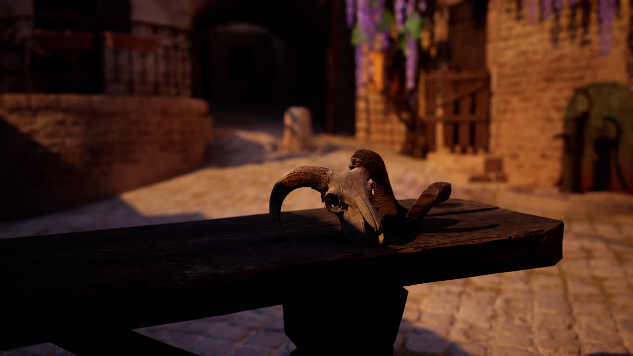 중세 판타지 마을의 나무 테이블에 있는 양의 두개골