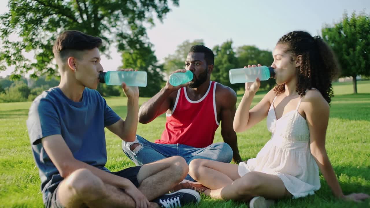 Clinking trio in casuals cheering in park, sipping then passing teal bottles to share