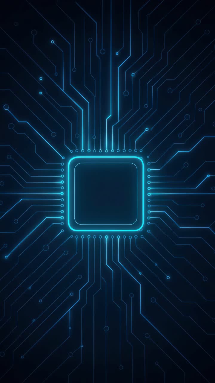 Top-down view of a glowing blue circuit board pattern, resembling a microchip