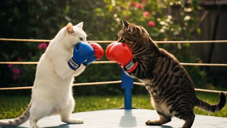 under the warm glow of a sunny afternoon, two lively cats engage in a spirited and playful boxing match right in their backyard arena