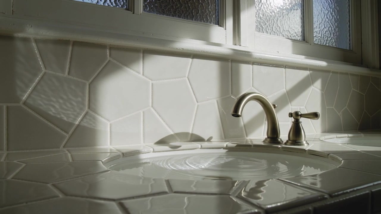 Turning faucet handle starting stream flowing into bathroom sink, shifting frosted window shadows