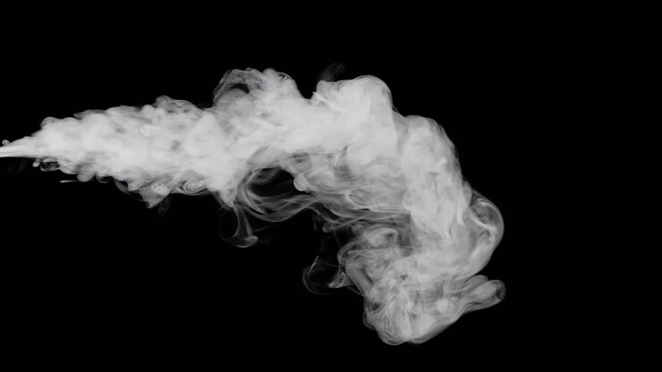 Water Vapor. White Jet Of Vapour Steam Under Pressure On Black Background, Micro Drops Of Hot Water Are Sprayed In Air, Dry Smoke Fog