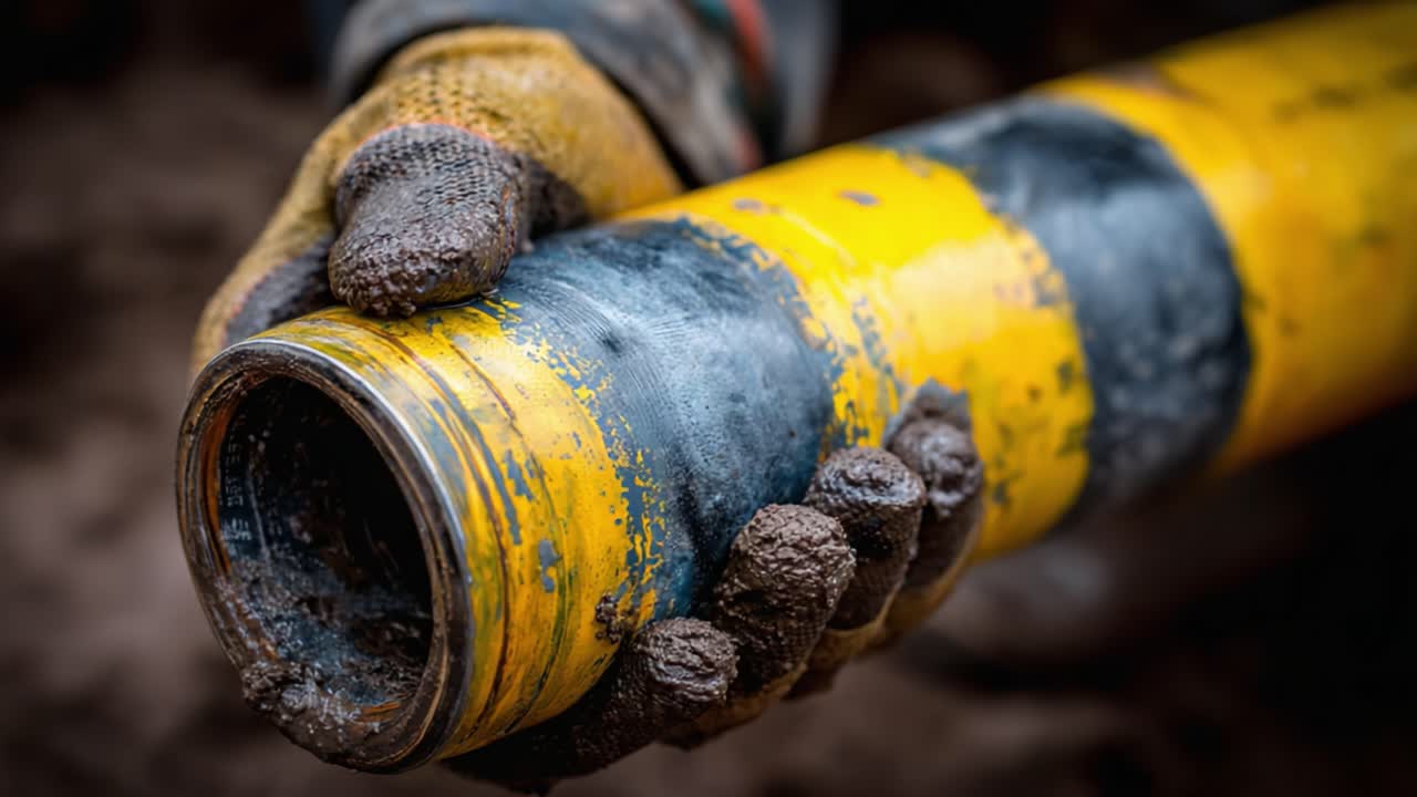 Detailed Close-up of an Industrial Pipe with Yellow and Black Stripes Held by Worker's Gloved Hands, Showcasing Texture and Wear from Usage in a Construction Setting