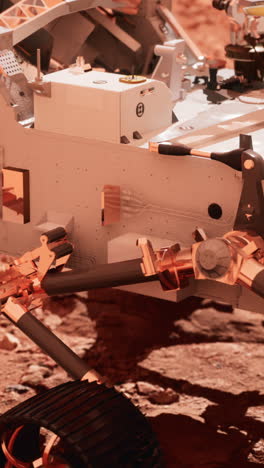 primer plano de la rueda y el brazo robótico del rover mars perseverance en el planeta rojo.
