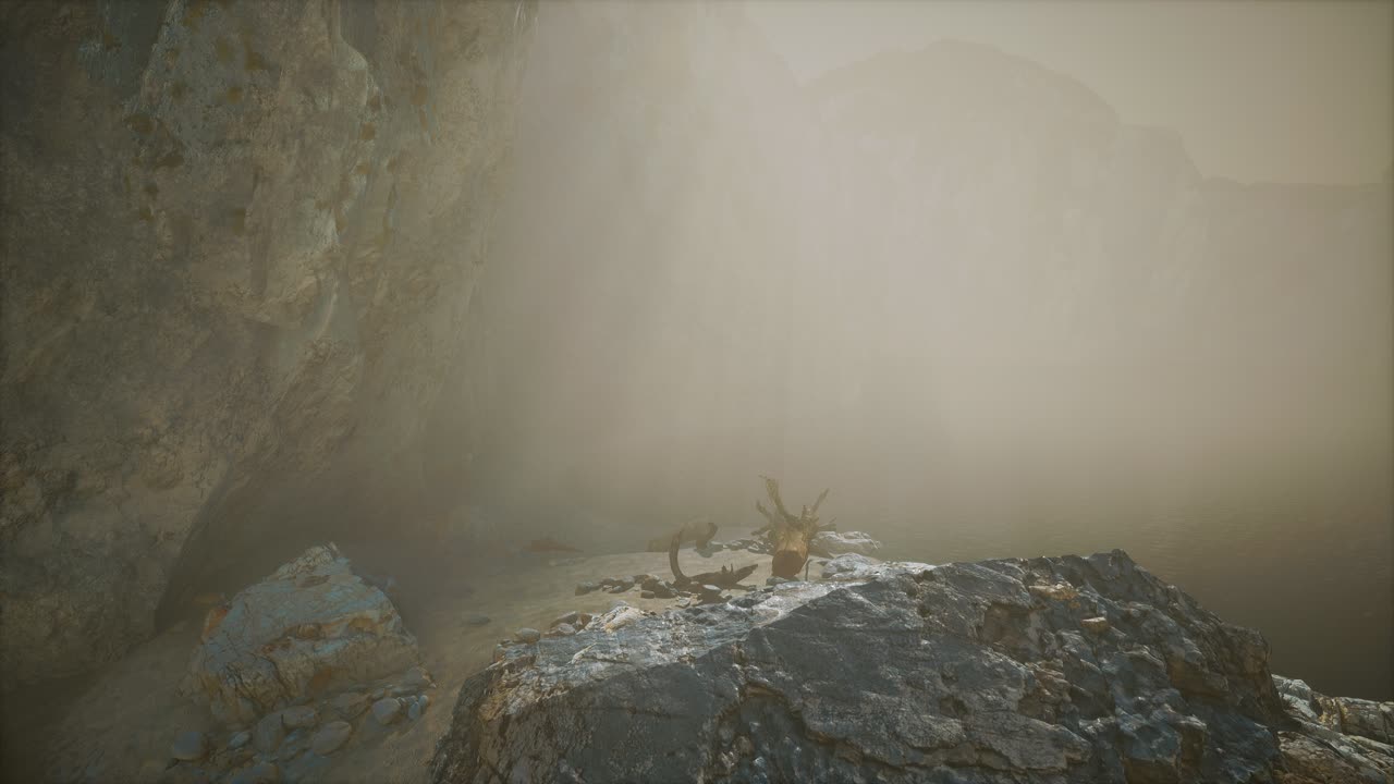 acantilado rocoso con playa de arena en la niebla profunda