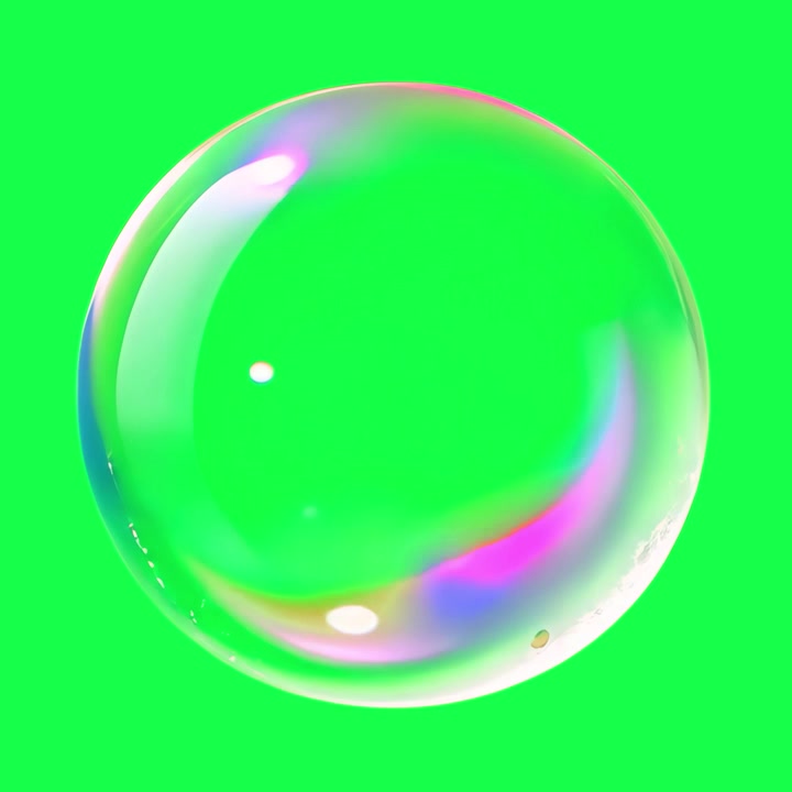 Singola bolla di sapone iridescente fluttuante su schermo verde