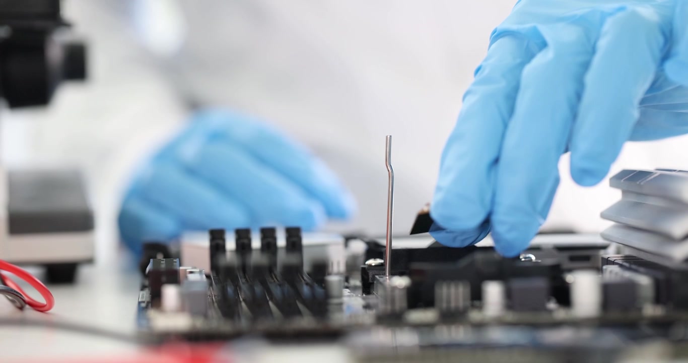 Scientist installs chip on motherboard in modern clean laboratory