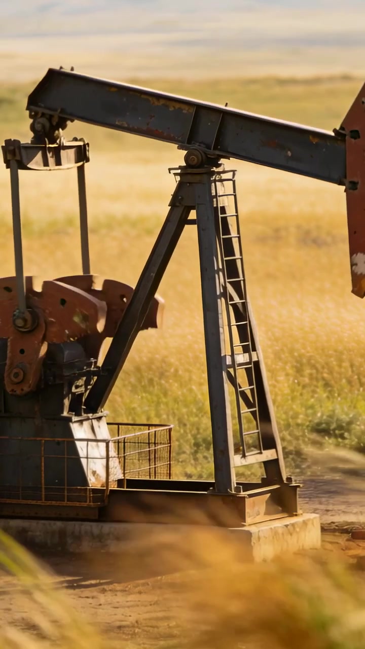 Vertical video: Starting gear engaging pumpjack, moving walking beam in grassland, pumping oil