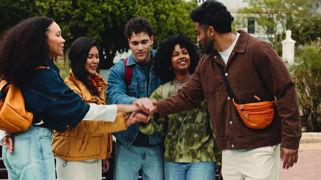 Young Diverse Friends Celebrating Teamwork and Unity Outdoors