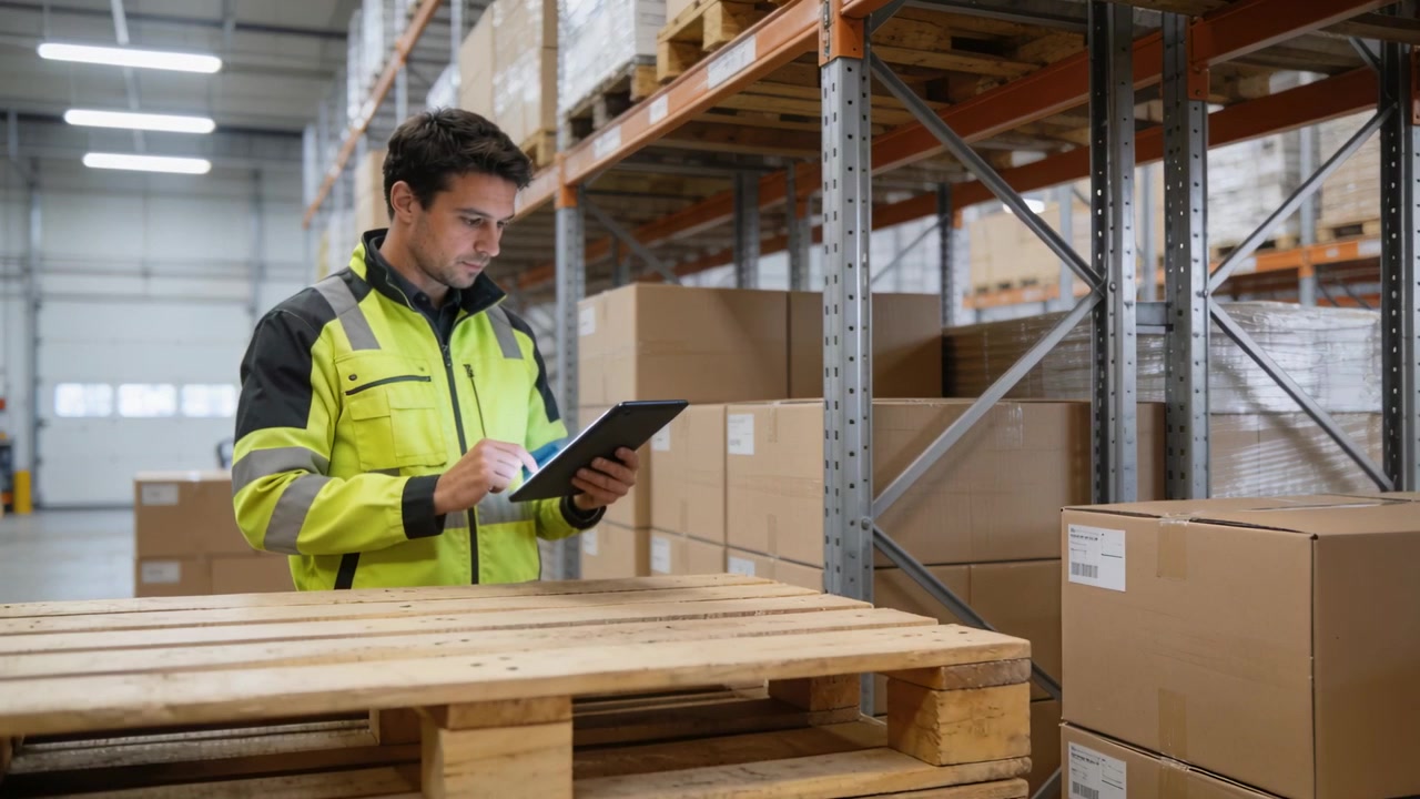 Lavoratore che digita, con giacca ad alta visibilità, in magazzino, controlla un tablet vicino a un pallet, confrontando le etichette delle scatole