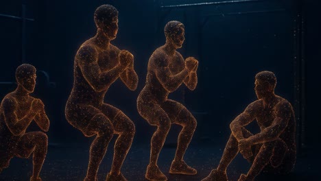 a dynamic display of digital animations illustrates various squat techniques performed by virtual figures in a modern gym environment. the figures transition fluidly between different squat variations, demonstrating correct form and movement mechanics. this visual guide aims to educate viewers on pr