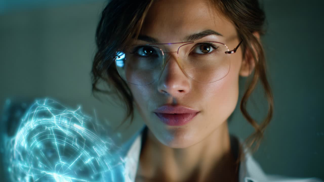 A captivating close-up of a focused scientist highlighting advanced technology and innovation, as she examines a holographic projection filled with intricate designs and vivid blue energy, showcasing her determination and intellect