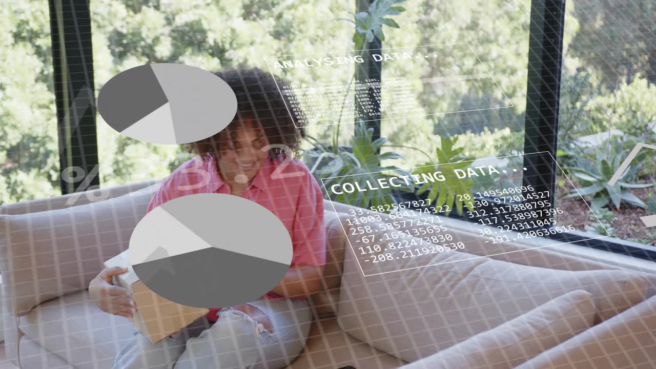 Woman reaching phone, scanning parcel and initiating retail analytics with animated overlay charts